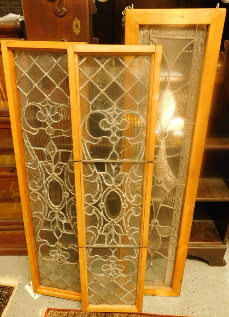 3 Victorian Clear Leaded Glass Panels: Three Victorian Clear Leaded Glass Panels, textured and frosted glass; a pair with diamond and domed jewels, and an unmatching 11 3/4" x 47" recent pine frames, 42 1/2" x 10 3/4", 19th C. CONDITION: V
