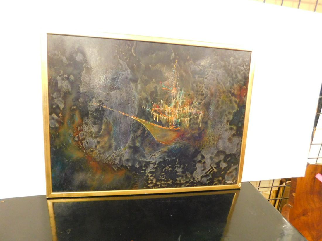 (Leonardo) Neirman Abstract Painting: (Leonardo) Neirman Abstract Painting, Mexican b.1932 acrylic on board, signed lower right '66, abstract in dark colors with sailing ship, sight 31" x 23", gold wood frame, 32 1/2" x 24 3/4". CONDITION