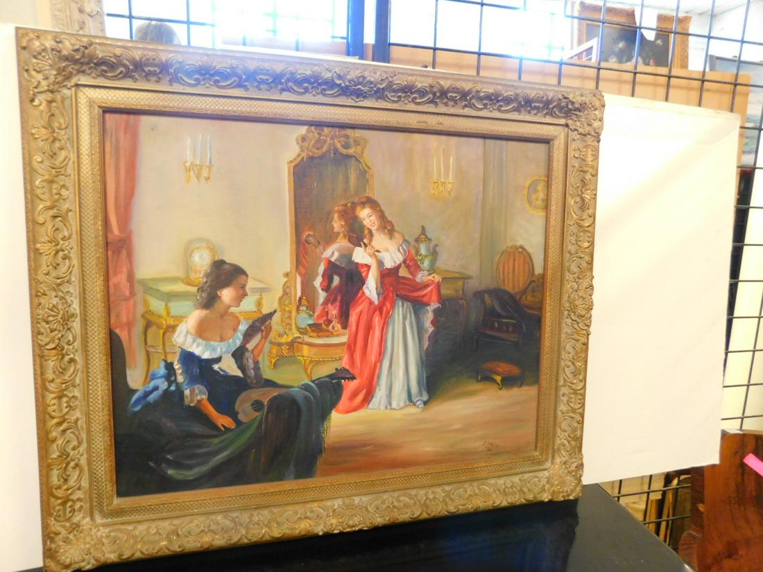 J. Malis Painting to Ladies: J. Malis Painting to Ladies, oil on canvas, signed lower right 1966, two ladies in parlor setting, sight 30" x 24", carved and gilt frame, 37 1/2" x 32". CONDITION: Very fine.