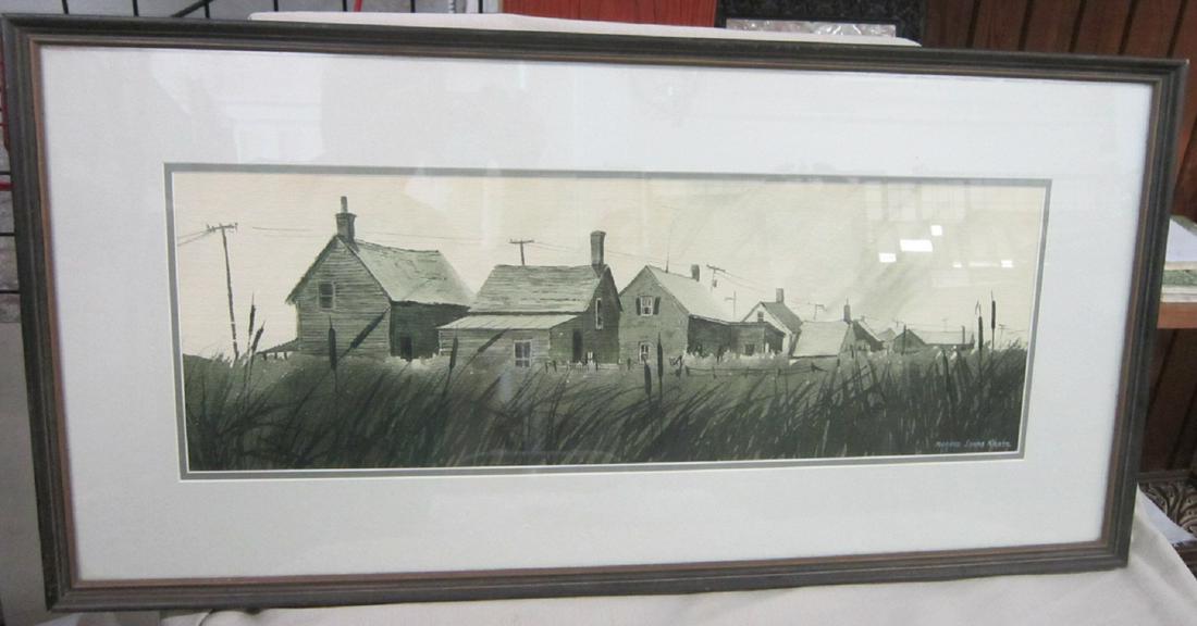 Mildred Sands Kratz Watercolor - Houses: Mildred Sands Kratz Watercolor - Houses, signed lower right, monochromatic watercolor Marsh landscape, multiple houses, sight 25" x 8", matter in wood frame 33" x 16". CONDITION: Very fine. Not examin