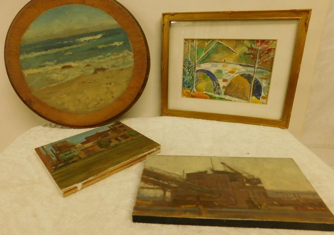 4 Signed Paintings: Four Signed Paintings, includes: Robert M. Kulicke, 1993 "Seascape" on 10"d, oil on wood panel; two David Baker - 1994 - Cityscape - oil on wood panel, one double sided, 6" x 5" and 7 7/8" x 4 1/8", a