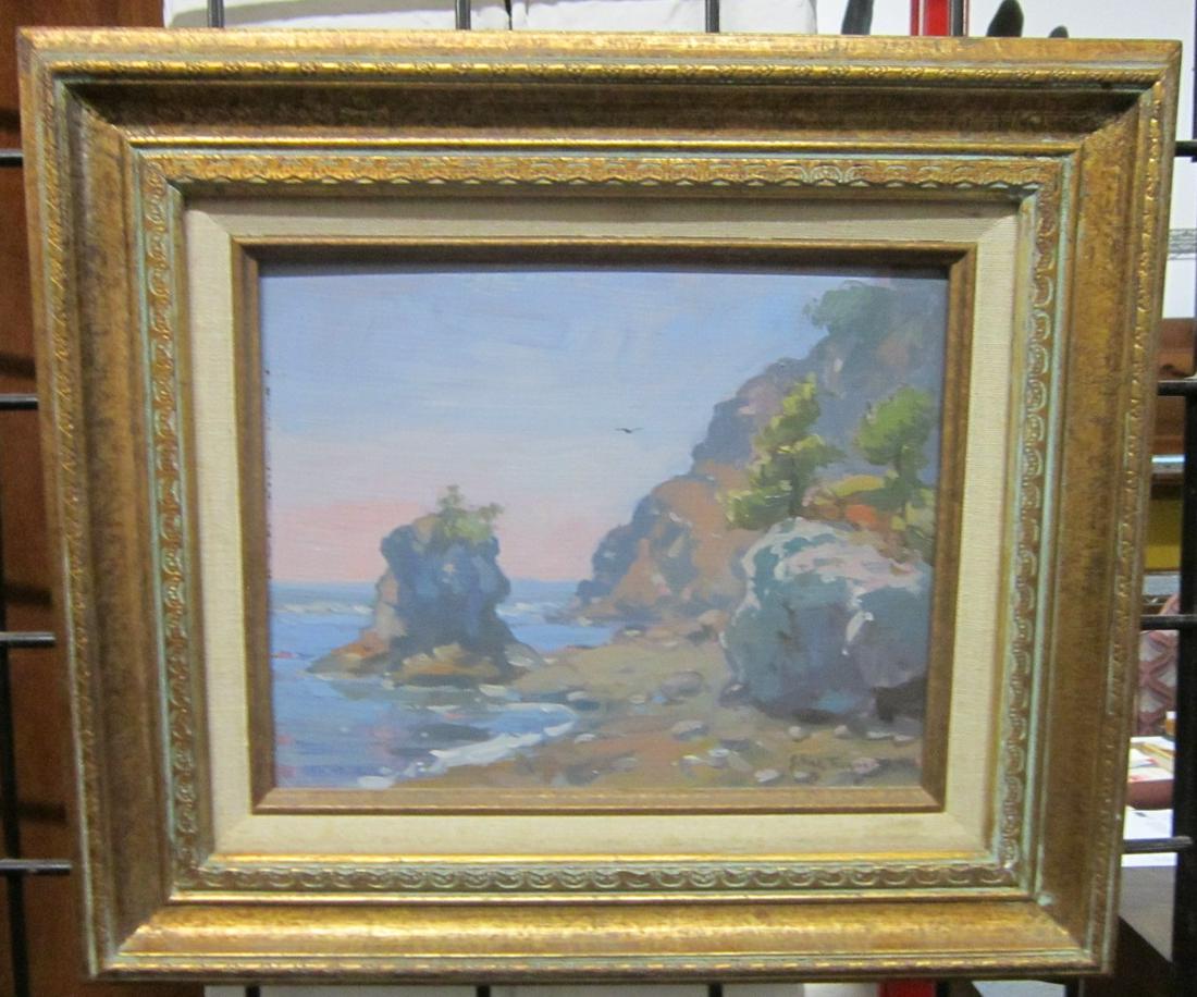 Traymor ? Coastal Painting: Traymor ? Coastal Painting, illegibly signed lower right, oil on masonite board, summer rocky coastal landscape, sight 9 3/4" x 8 3/4", gilt frame 15 1/2" x 13 1/2". CONDITION: Very good.