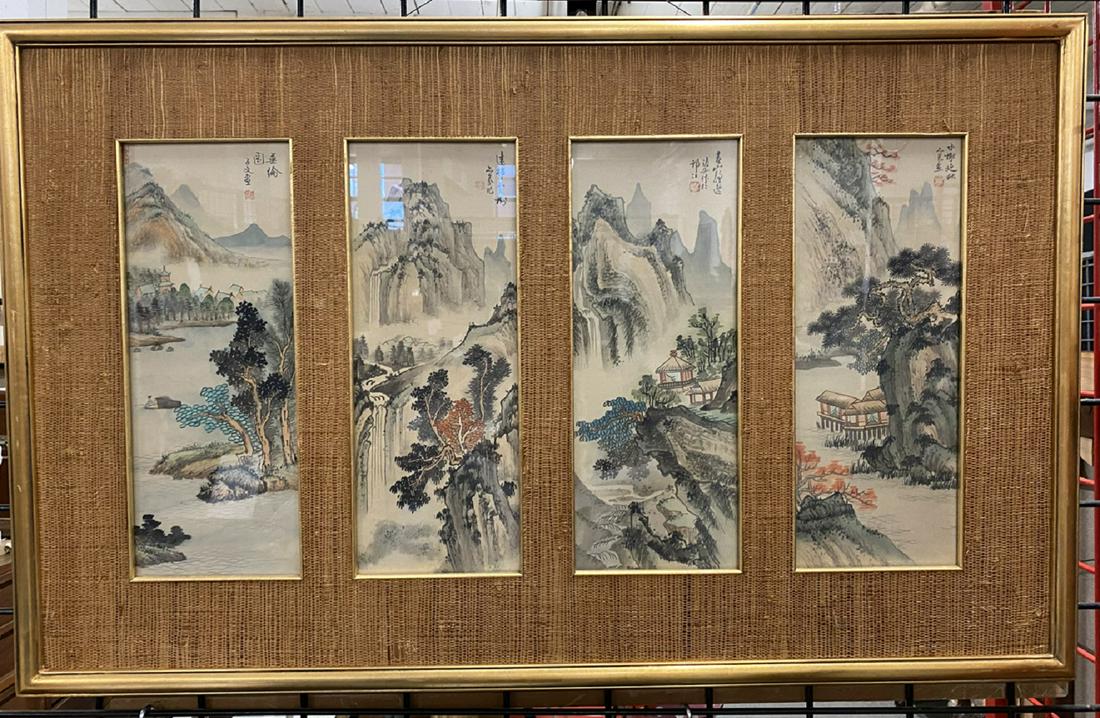 Japanese 4 Panel Woodblock Print: Japanese four Panel Woodblock Print, title and chop marks upper right, depicts water and mountain landscapes, each panel 5 1/2" x 14", burlap and gilt wood frame, 35 1/2" x 22", early to mid 20th C. C