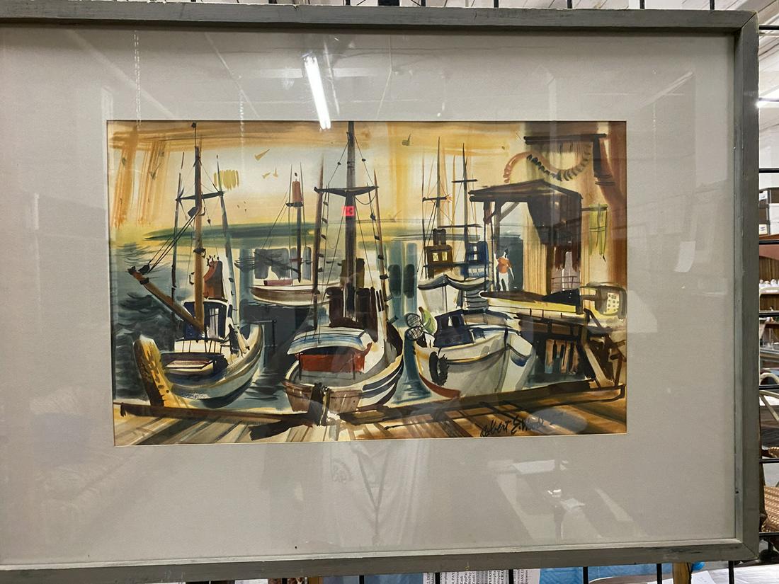 Robert E. Wood Watercolor: Robert E. Wood Watercolor, American 1926-1999, signed lower right and on verso 1955, on paper under glass, "Back Bay Cammeries and Boats"; sight 22 1/2" x 13 3/4", 33 1/2" x 24 1/4" frame. CONDITION: