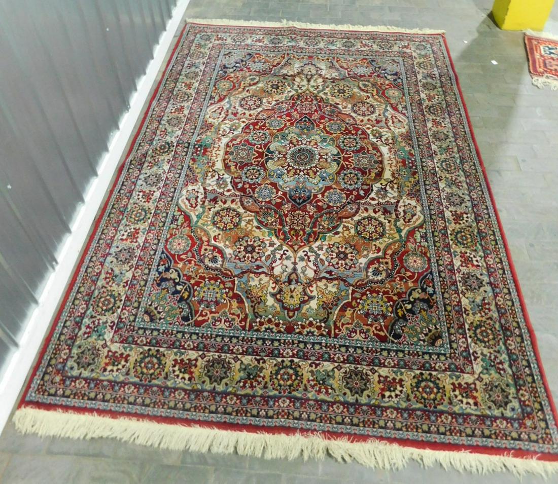 Trinity-Kerman Design Carpet: Trinity-Kerman design carpet, machine made, red ground, multi colored field & borders of flowers & medallions, 5'7" x 7'11" [10] Condition: Very Good, no issues identified