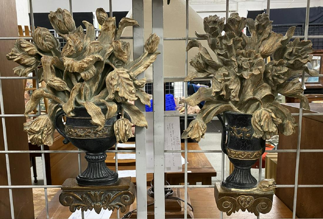 Pr Classical Wall Ornaments: Pr Classical Wall Ornaments, polychromed composition, depicting floral urns, 19"h, 13"l, 21st C. CONDITION: Very fine.