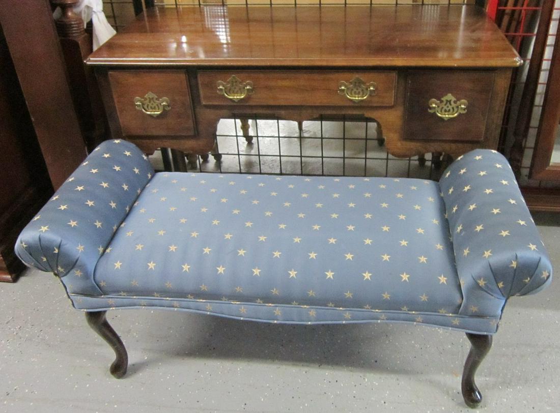 Queen Anne Style Lowboy & Bench: Queen Anne Style Lowboy and Bench, cherry, oak secondary, lowboy with three drawers on high cabriole legs,46" x 21" X 30 1/2", fireside bench with blue star pattern cloth upholstery, 45" x 17" x 22",