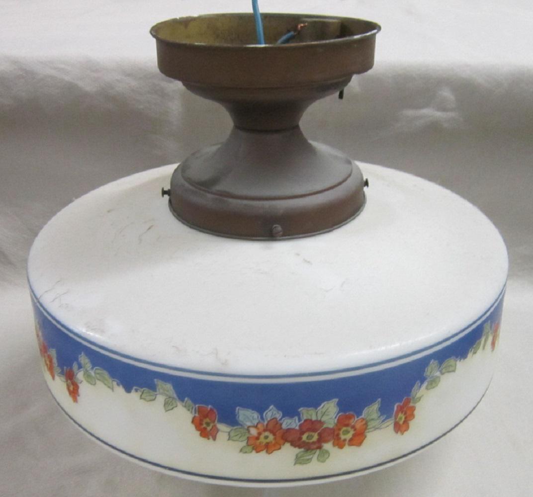 Ceiling Dome Lamp: Ceiling dome lamp, opalescent glass modified mushroom shade with blue red & green floral border, electrified, brass ceiling support, early 20th C h 14", diam 18" Condition: VG working, tarnished brass