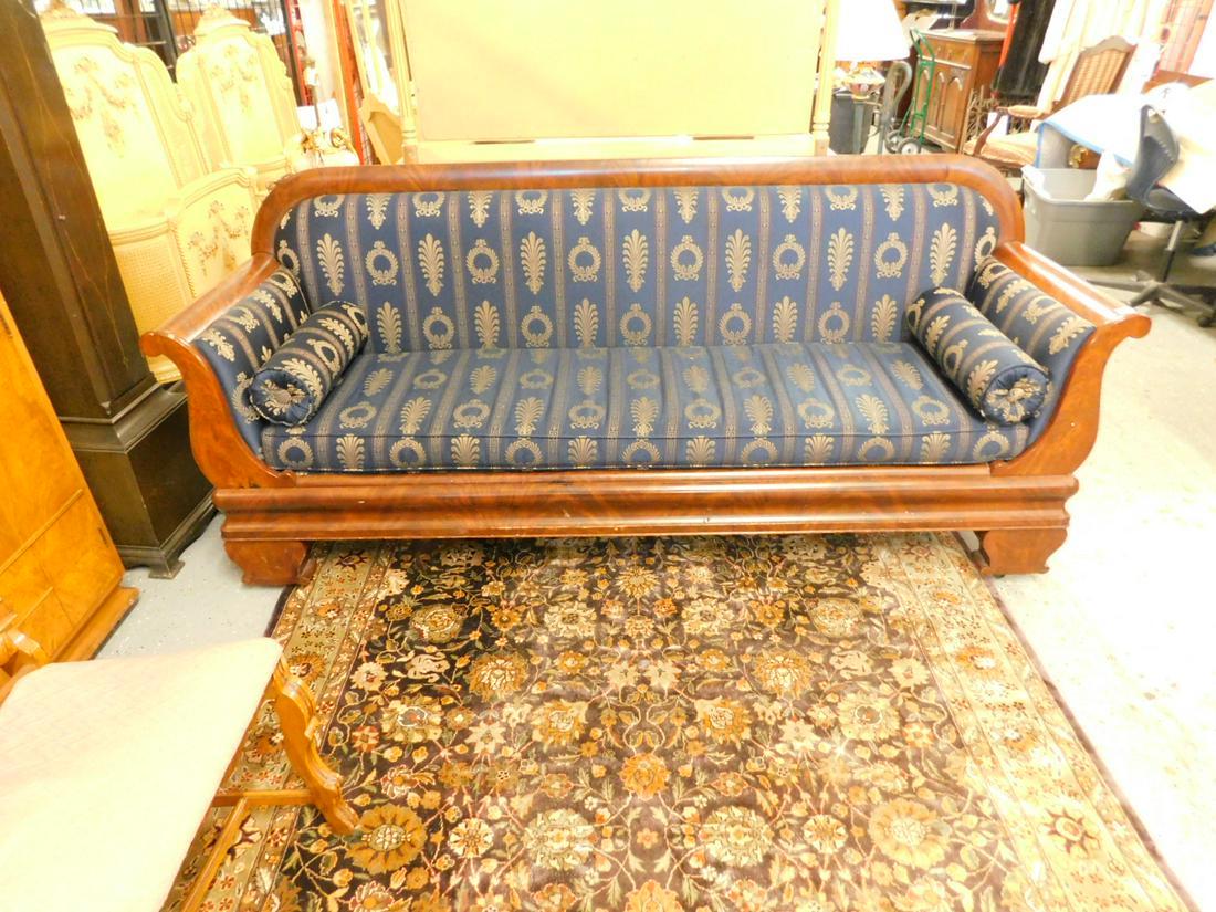 Classical Sofa: Classical Sofa, matched mahogany veneers, ogee moldings, bracket feet, cobalt and gilt wreath and fern pattern cloth upholstery, early 19th C, 86" l. CONDITION: Very good.
