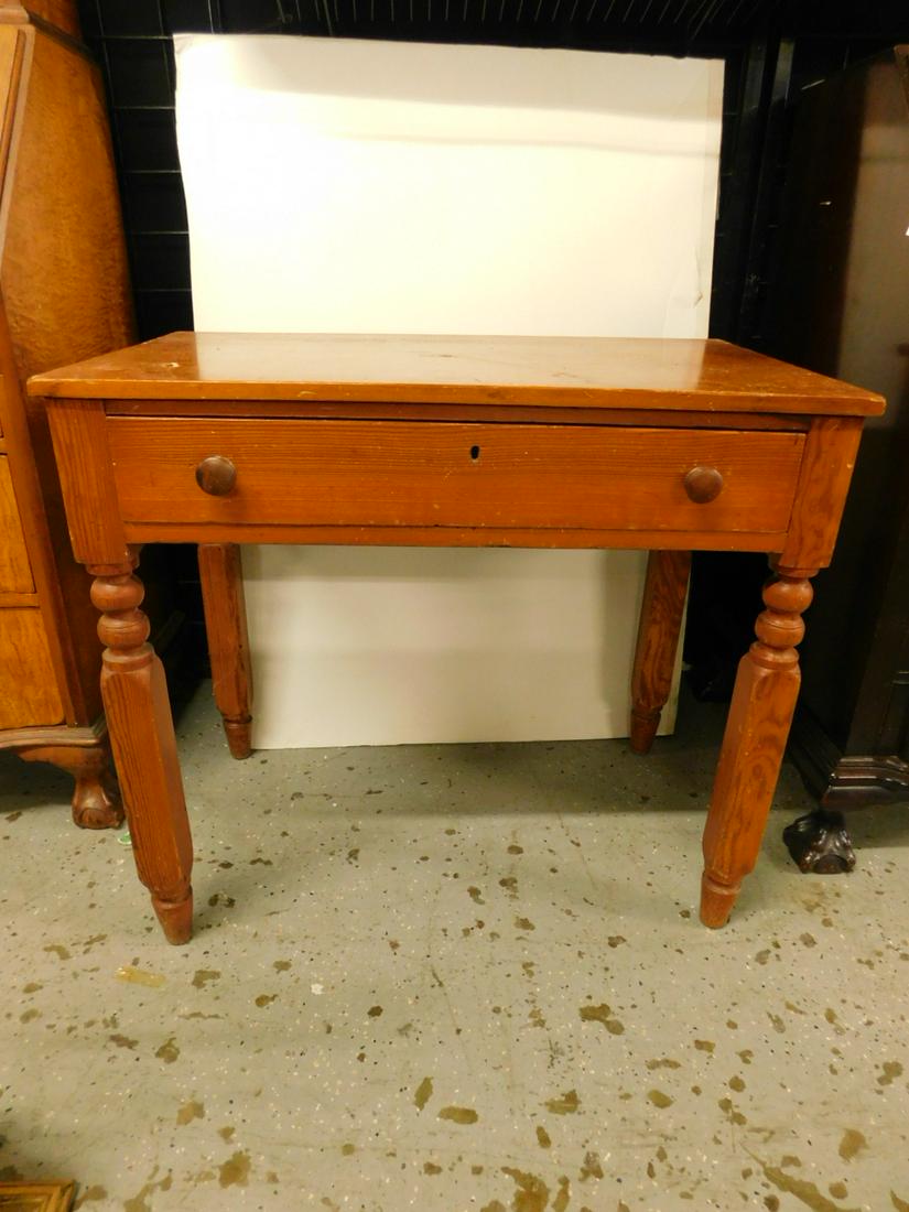 Country Sheraton Work Table: Country Sheraton Work Table, pine, single locking long drawer, four block and ball turned legs, mid 19th C, 31" x 19" x 27 1/4". CONDITION: Good, few scratches.