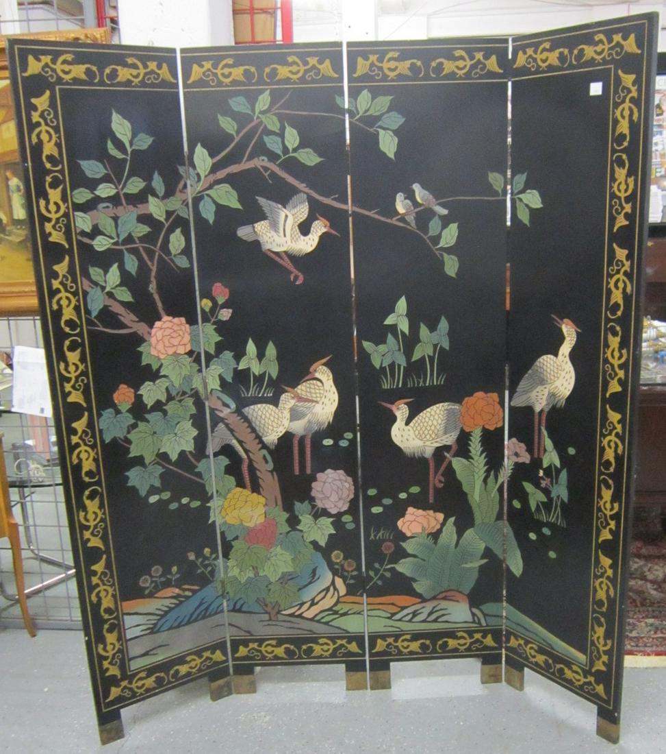 Chinese Coromandel Screen: Chinese Coromandel Screen, four panel with polychromed and shallow relief birds in garden motif on black lacquer on both sides, mid to late 20th C, 72"h, each panel 16" w. CONDITION: Few black lacquer