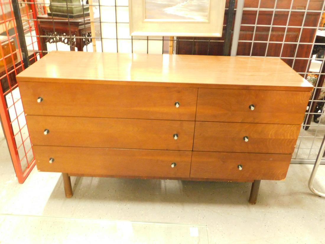 Mid Century Modern Double Dresser: Mid Century Modern Double Dresser, by Stanley, Teakwood with formica top, 52" x 18" x 30". CONDITION: Minor veneer chips along some edges, scratches on right side panel.