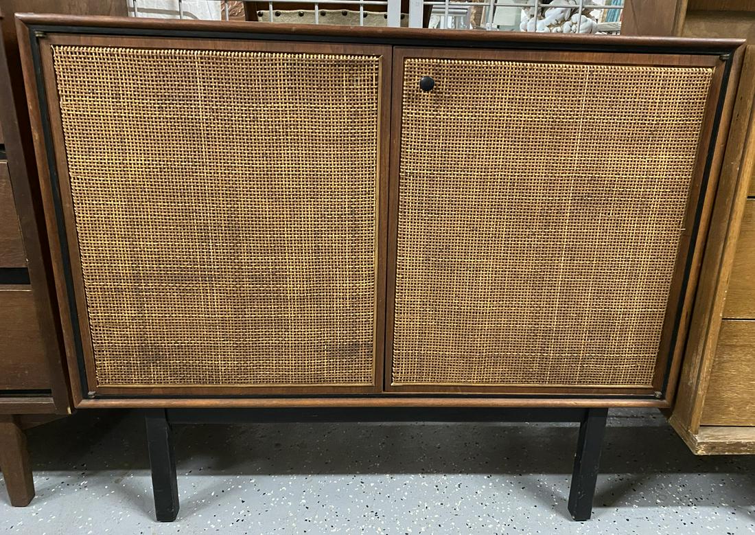 Danish Modern Cabinet: Danish Modern Cabinet, teakwood, two caned doors with interior shelf, ebonized square legs, mid 20th C, 36" x 18" x 31". CONDITION: Good, few scratches and areas of finish wear.