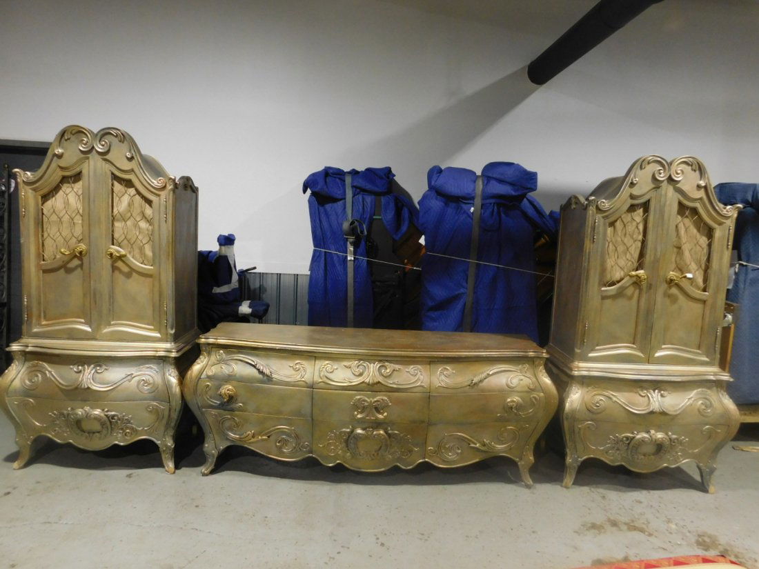 Three Piece French Rococo Style Bedroom Set: Three Piece French Rococo Style Bedroom Set, antique silvered finish on hardwood, oak secondary, Bombe form with scroll and shell carvings, includes: two armoires with interior drawers, and 85" long o