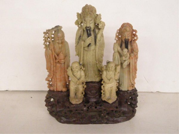 Chinese Soapstone 3 Tier Sculpture: Chinese Soapstone 3 tier sculpture w/5 deities, late 19th c., 9 1/4" x 7 1/2" x 2"