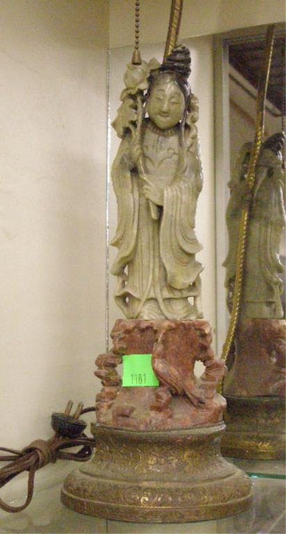 Chinese Soapstone Quan Yin (?): Chinese Soapstone Quan Yin (?) carved figure on red soapstone base fitted as a lamp, late 19th c., figure & base hgt 14 3/4"