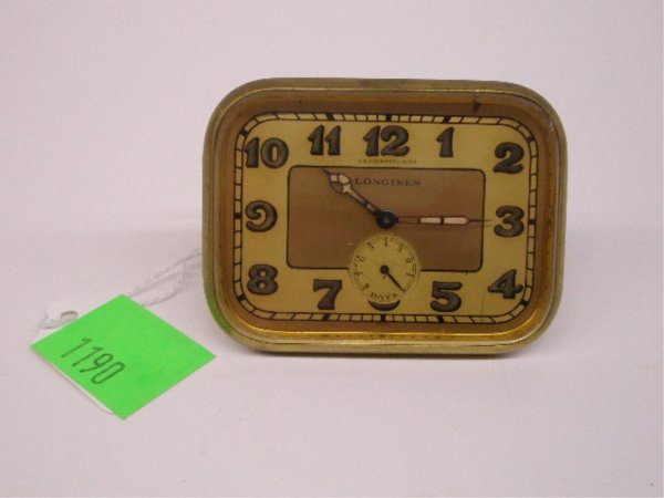 Longines Travel Alarm Clock: Longines travel alarm clock for J.E. Caldwell & Co, brass case & dial with 8 day indicator