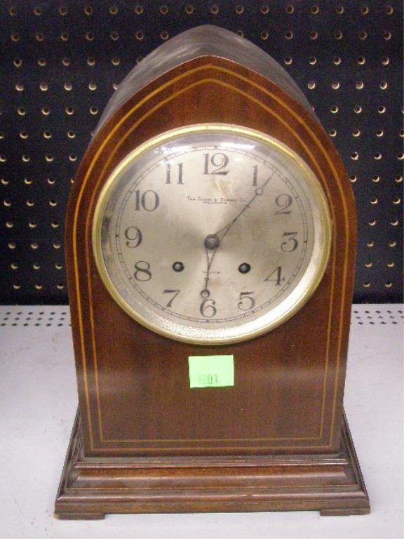 Waltham Beehive Mantel Clock: Waltham beehive mantel clock, mahogany with line inlay, made for Van Dusen & Stokes Co, Phila; silvered dial, time & strike movement, early 20th c, hgt 13 1/4"