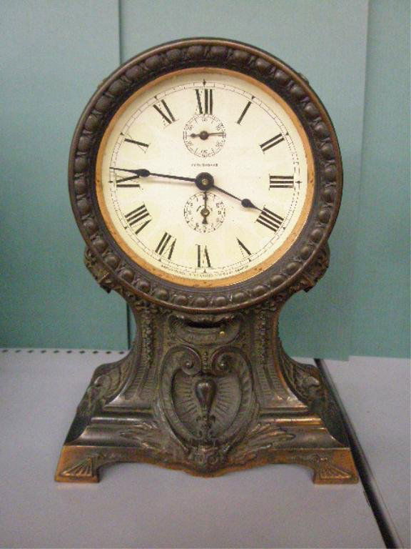 Seth Thomas Grecian Balloon Alarm Clock: Seth Thomas Grecian balloon bronzed metal alarm clock, paper dial, early 20th c., hgt 10 1/2"