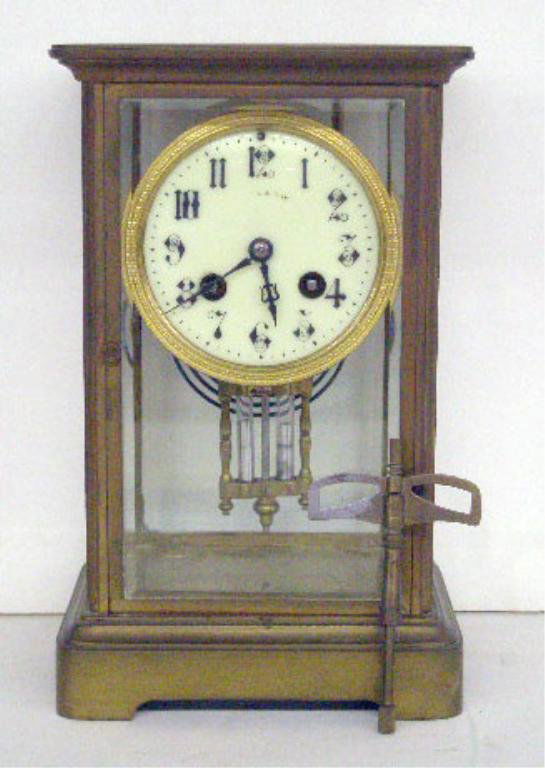 Marti, Paris, Crystal Regulator Mantel Clock: Samuel Marti, Paris, crystal regulator mantel clock, porcelain dial, faux mercury pendulum, early 20th c., 6 1/4" x 10" x 5"