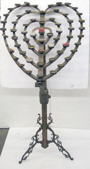 Altar Votive Heart Shape Stand: Altar Votive heart shape stand with built in donation box, wrought and cast iron, early 20th c., 27" x 32" x 57"