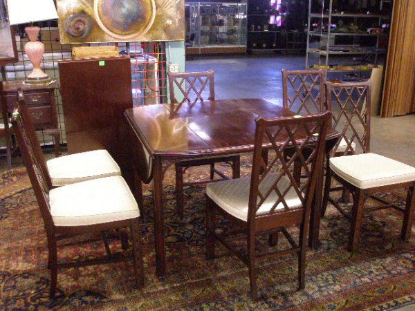 Hickory Furniture Co. Dining Room Table & Chairs: Hickory Furniture Co. Chinese Chippendale style dining room table & 6 chairs; Mahogany; latticed back chairs w/ivory cloth upholstered seats, Pembroke style drop leaf table w/ two 18" leaves, late 20t