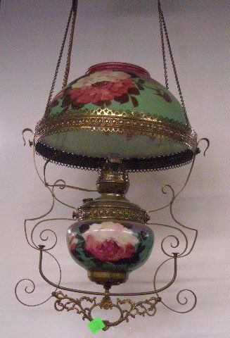 Victorian Kitchen Chandelier: Victorian Kitchen Chandelier; red rose painted bristol glass font & shade; scroll work brass adjustable frame; electrified; late 19th c. Diam: 14"
