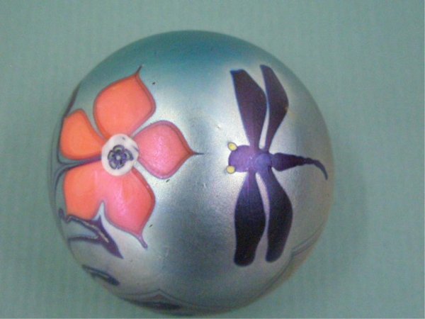 Orient & Flume Glass Paperweight: Orient & Flume I 301 AR 1977 signed on base 2 1/4" iridescent glass paperweight w/ dragonfly & floral design
