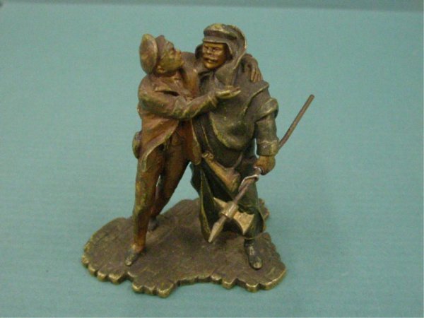Franz Bergman Vienna Bronze Figure: Late 19th/early 20th c. Franz Bergman signed Geschutzt Vienna style cold painted Austrian bronze 3" x 2 1/2" figure group, depicting an intoxicated man being supported by a Prussian soldier with a pik