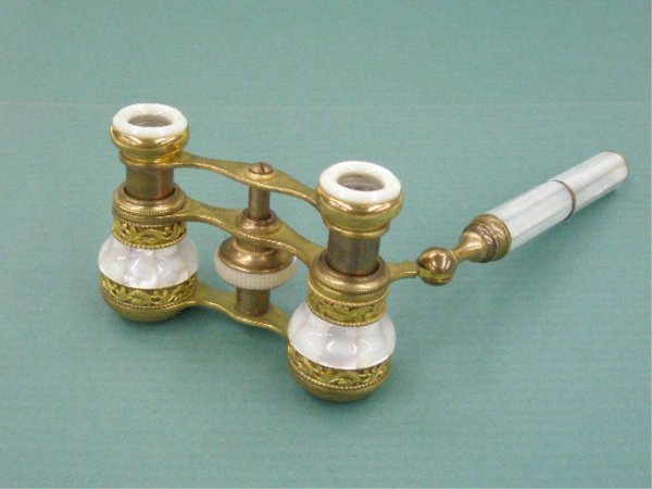French Opera Glasses: Late 19th c. French brass & Mother of Pearl handled opera glasses