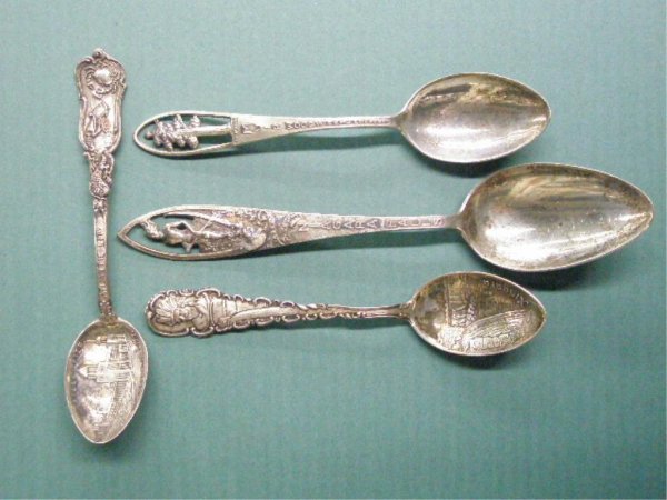 Sterling Silver Souvenir Spoons: Four sterling silver souvenir spoons, Codding Bros. & Heilbron "Steel Pier, Atlantic City", Alvin "Niagara Falls", "California, Muir Woods National Monument" & "Niagara Falls", 1.4 troy ounces