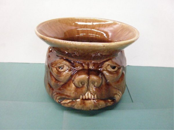 Dog Face Pottery Spittoon: Vintage brown glazed pottery 7 3/4" x 5 1/2" dog face spittoon, bottom is stamped 304