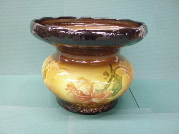 Warwick China Company Cuspidor: Antique Warwick China Company 8" x 6 1/2" pottery cuspidor/spittoon w/transfer floral design