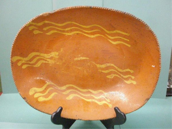 19th c Redware Slip Decorated Platter: 19th c. Redware 15 1/2" platter w/yellow slip decoration