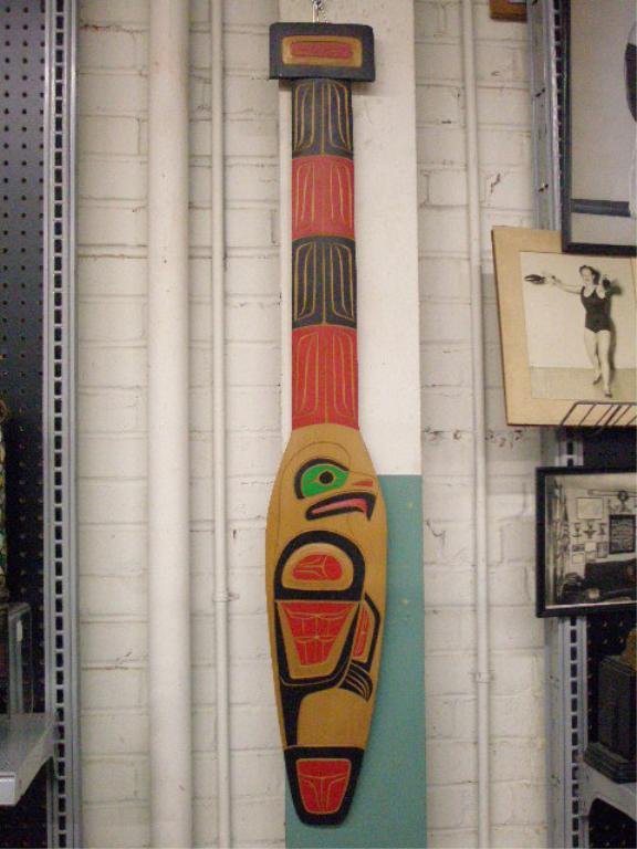 Neil Baker Squamish Nation Eagle Paddle: Neil Baker signed Coast Salish Squamish Nation, Squamish British Columbia, carved wood 46" Eagle Paddle