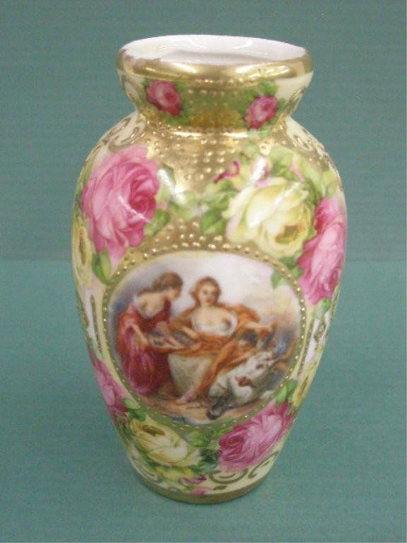 German Porcelain Cabinet Vase: Bloch & Co. early 20th c. Royal Vienna style German hand painted porcelain 4" cabinet vase, figural center panel artist signed F. Boudier, floral & gilt overlay