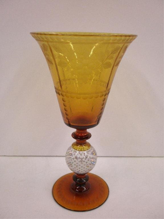 Pairpoint Glass Chalice Vase: Pairpoint amber glass 12" chalice vase w/crystal bubble connector, etched floral & circle designs