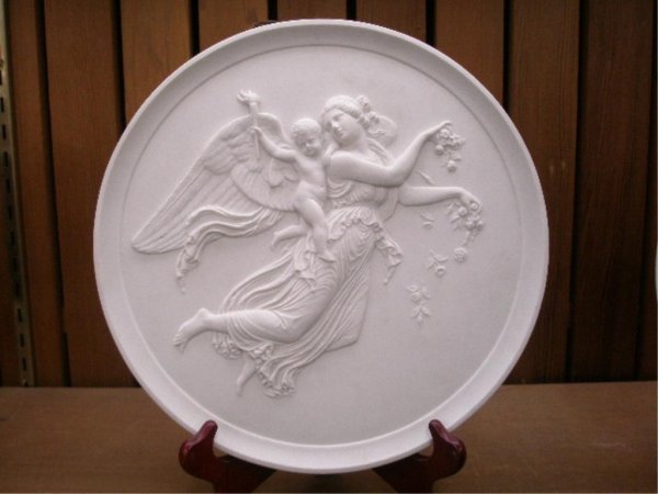 Bing & Grondahl Parian Plaque: Bing & Grondahl 11 1/2" parian porcelain plaque w/relief angel & cherub