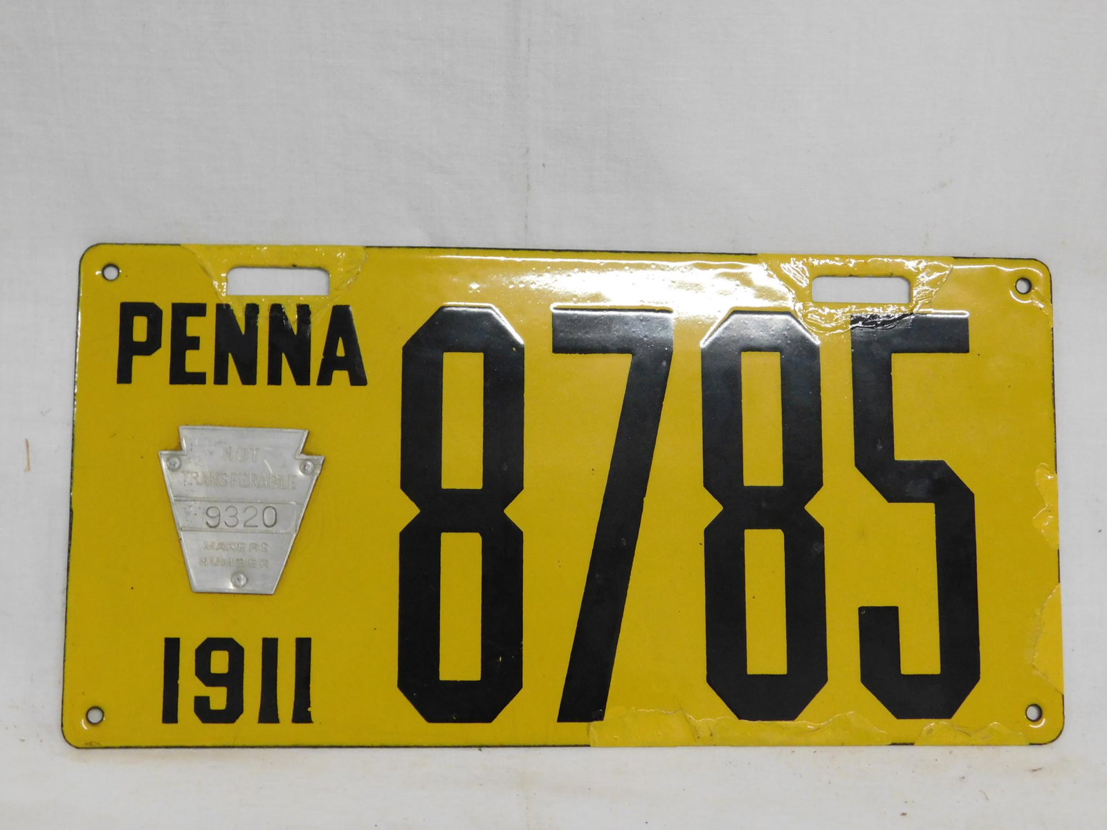 1911 Pa. Porcelain License Plate: 1911 Pa. Porcelain License Plate, yellow with black numbers and letters, 8785, with attached metal Keystone makers plaque, #9320, 6" x 12", Ingram - Richardson Mfg. Co. (ING - RICH), Beaver Falls, Pa.