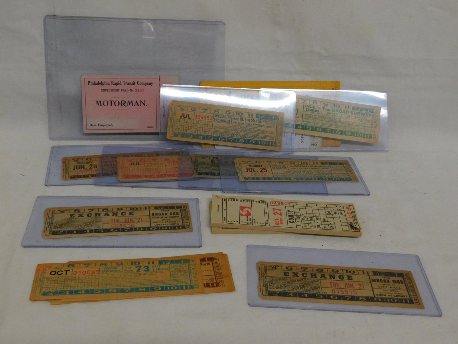 Vintage Transfer Tickets & Other: Vintage Transfer Tickets and Other (PTC) Philadelphia Transportation Company loose 1950s transfer tickets (various routes), some in clear plastic sleeves, two 1980s Septa transfer ticket booklets, Ger