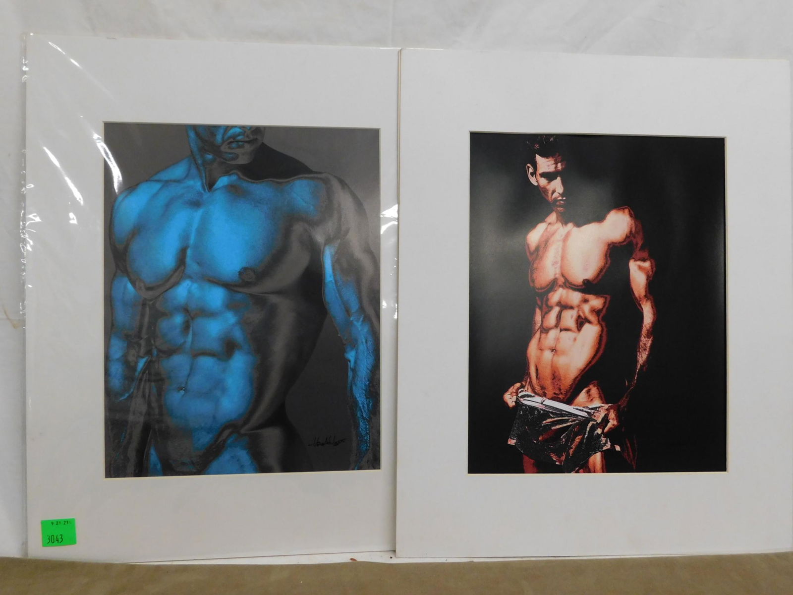 3 Pieces of Body Builder Artwork: Three Pieces of Body Builder Artwork, all artist signed including: oil on canvas by Chimento, in black and wood slat frame, 21" x 21", plus two matted prints (one in blues and black, one in reds and b