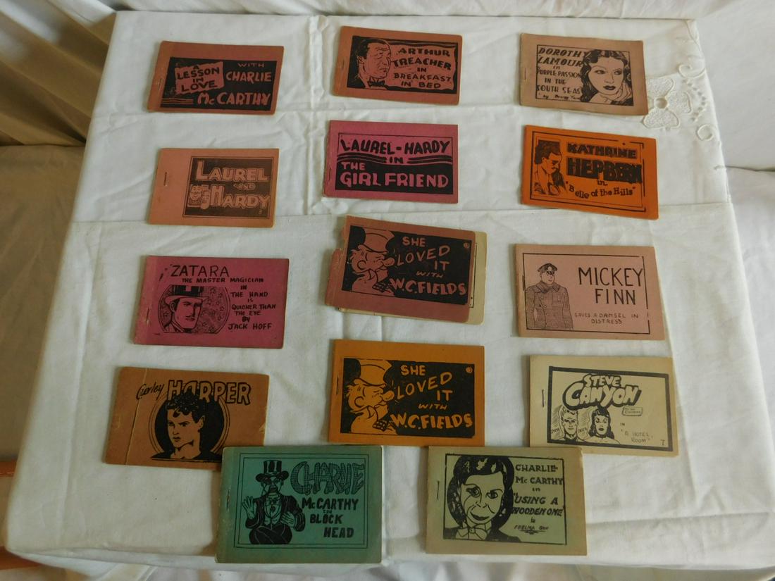 14 Erotic Mini Comic Books: Fourteen Erotic Mini Comic Books, includes: Dorothy Lamour, Kathrine Hepbern, Laurel and Hardy, Mickey Finn, W.C. Fields, Charlie McCarthy, etc. CONDITION: Mostly very fine, Curley Harper with torn co