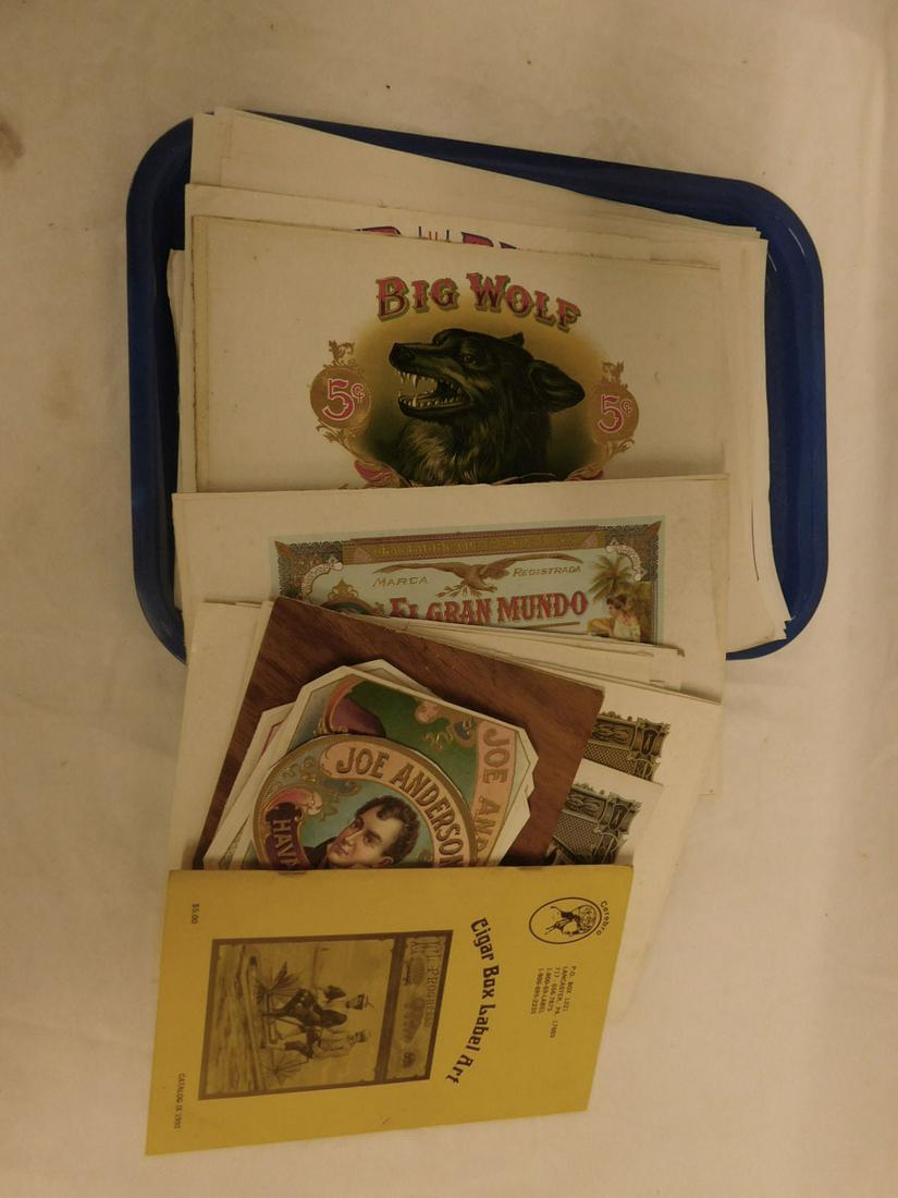 Cigar Box Label Art & Guide: Cigar Box Label Art & Guide, fifteen assorted vintage labels - Havana, Panama and other cigars, plus 1992 "Cigar Label Art" pamphlet and photo copies of the included labels. CONDITION: Most mounted on