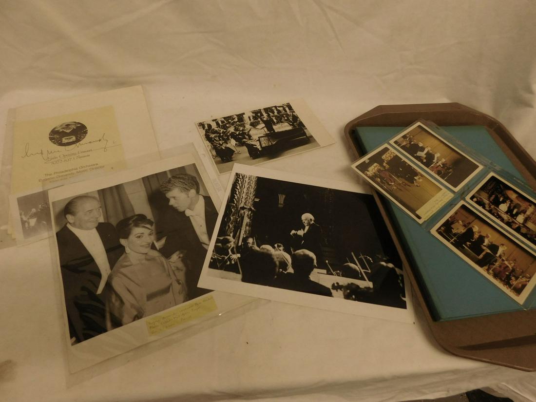 Eugene Ormandy Ephemera Collection: Eugene Ormandy Ephemera Collection, Phila Orchestra Conductor, includes: 72-73 Gala Opening Concert program signed in ink, four 8" x 10" photos of Ormandy and with celebrities, six color 3 1/2" x 5" p