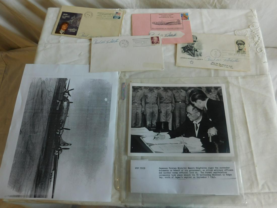 Paul W. Tibbets Signed / Enola Gay 1st Day Covers: Paul W. Tibbets Signed / Enola Gay 1st Day Covers, etc. four different 1st Day Covers ink signed by Paul W. Tibbets and an 5 1/2" x 8" photo of Japanese Foreign Minister Mamoru Shigfmitsu signing the 