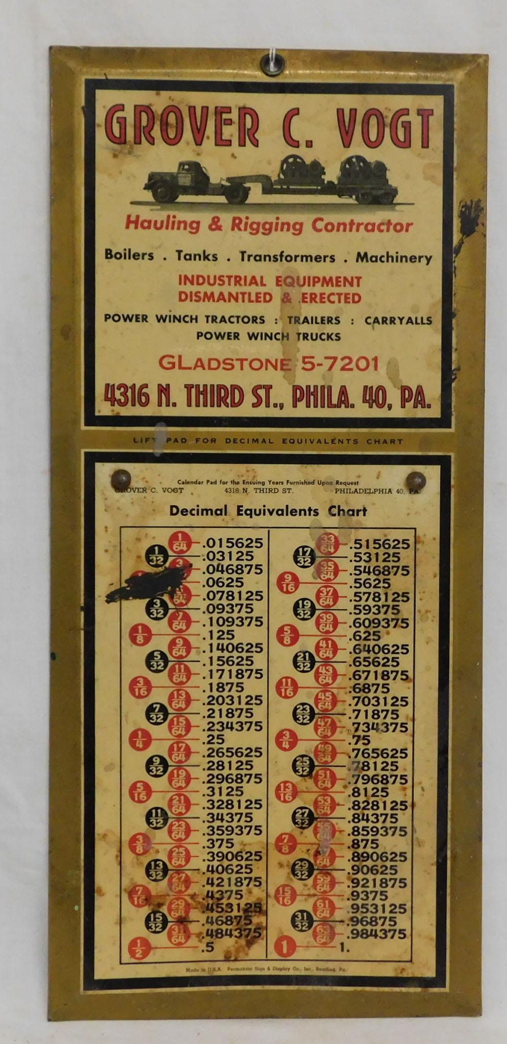 Hauling and Rigging Advertising Sign: Hauling and Rigging Advertising Sign, lithographed sheet metal; Grover C. Vogt, Phila., features "decimal equivalents chart", early to mid 20th C, 9" x 20". CONDITION: Abraisions, dents, tar, smears a