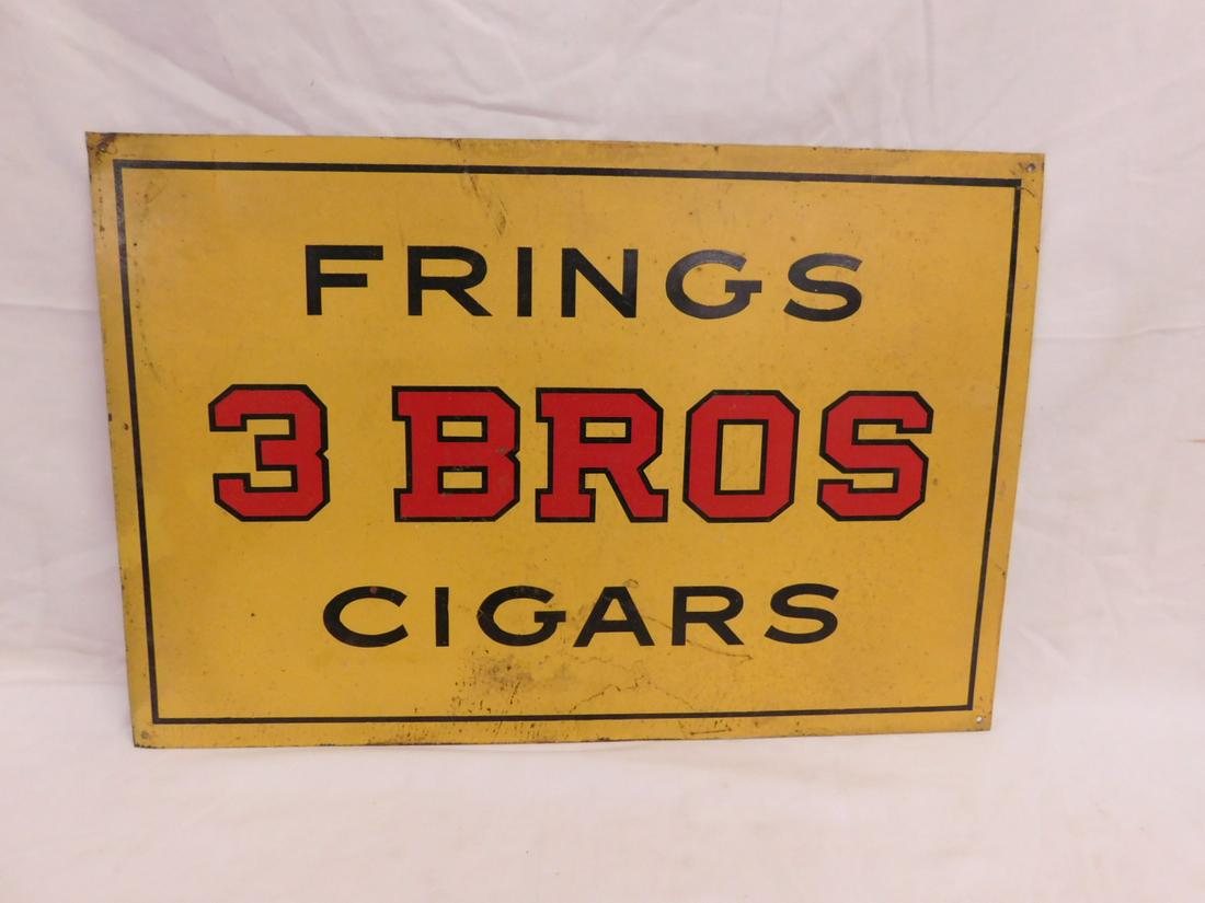 Sign - Frings 3 Bros Cigars: Sign - Frings 3 Bros Cigars, tin, yellow with stenciled red and black script, 18" x 12", early 20th C. CONDITION: Generally very good, needs cleaning, small edge losses.