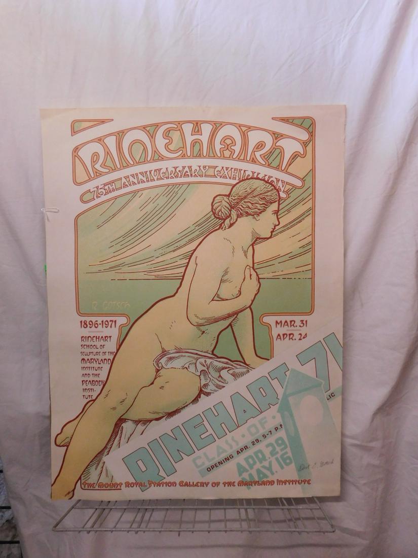 Rinehart 75th Anniversary Exposition Poster: Rinehart 75th Anniversary Exposition Poster, 1896-1971, features female Art Nouveau style nude, ink signed by artist Robert E. Gotsch, 21 3/4" x 28". CONDITION: Very fine, very minor and small edge te