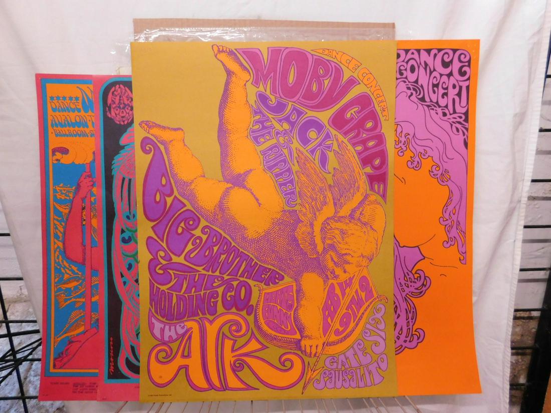 4 Psychedelic Concert Posters: Four Psychedelic Concert Posters, includes: Moby Grape Concert Alalon - The Charlatans, Sutter at Vanness - San Francisco, Feb. 24th and 25th - 1967, 14" x 20"; Big Rocker and The Holding Co. - Jack t