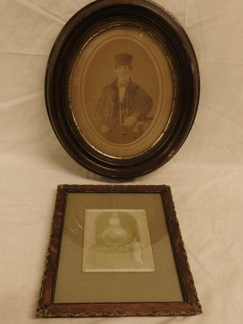 Train Engineer & Locomotive Photo Plus: A framed albumen print mounted on a Carte de Visite card of a man dressed as a railway engineer, standing next to a steam locomotive in a roundhouse or shed. The Engine is number 89, the photo signed 